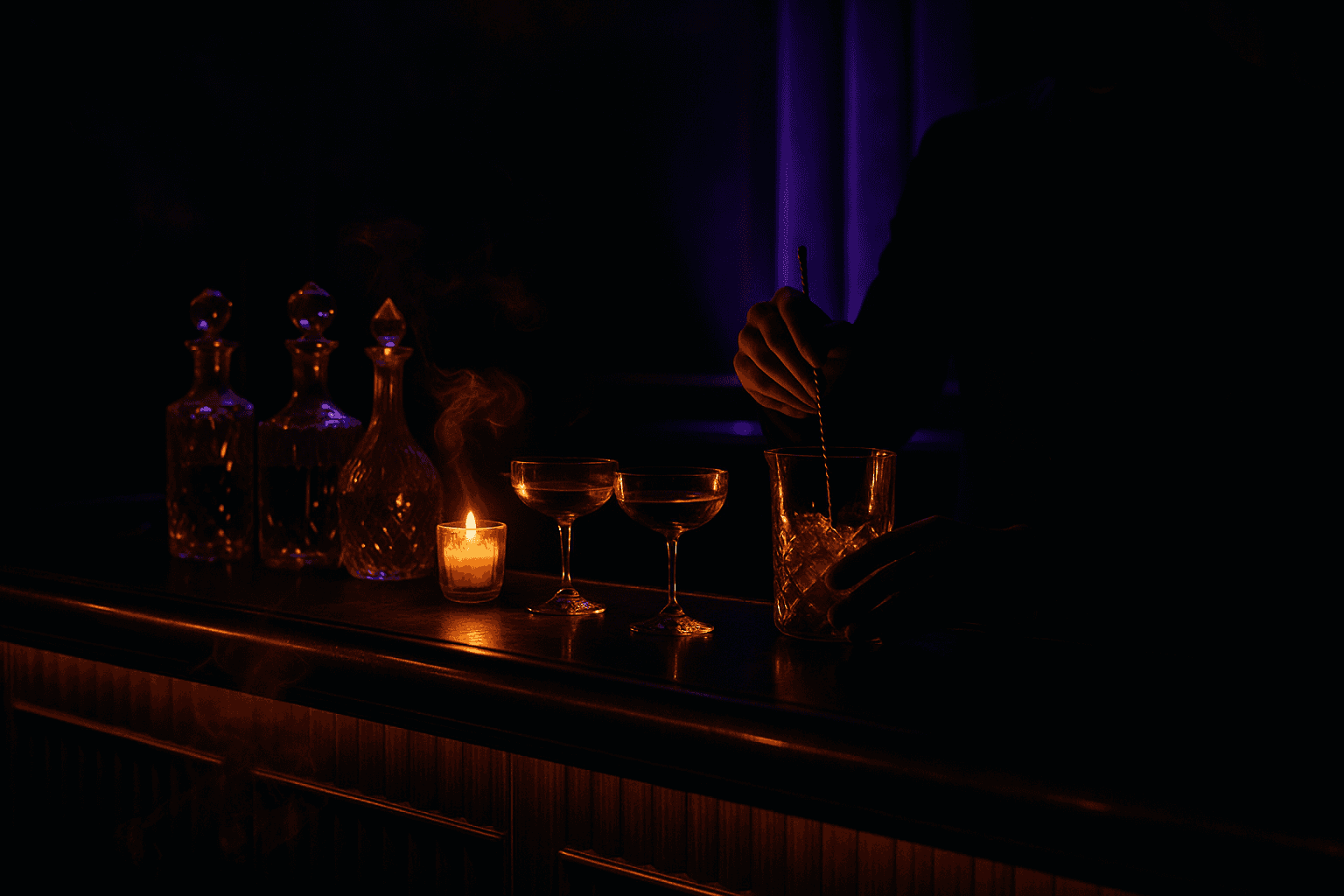 Bottles and cut glass along the zinc bar, lit by candlelight