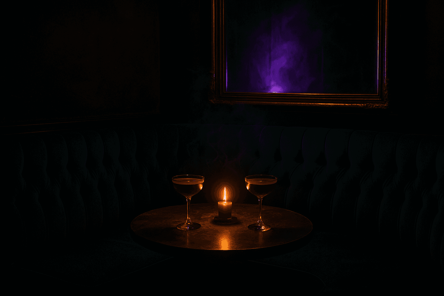 A velvet corner booth lit by a single candle, deep emerald walls behind