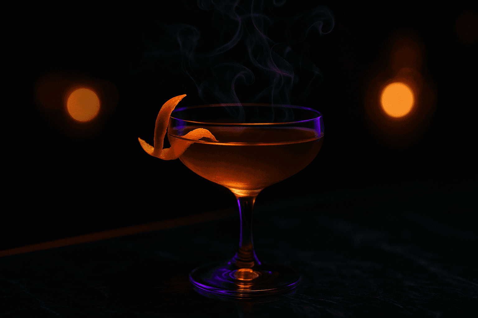 A coupe of amber cocktail on dark marble, a curl of smoke behind it
