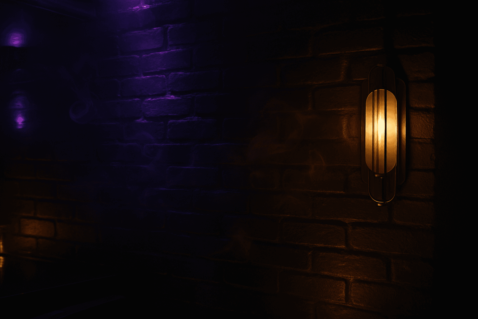 Amber neon glow reflecting off a dark wall near the entrance