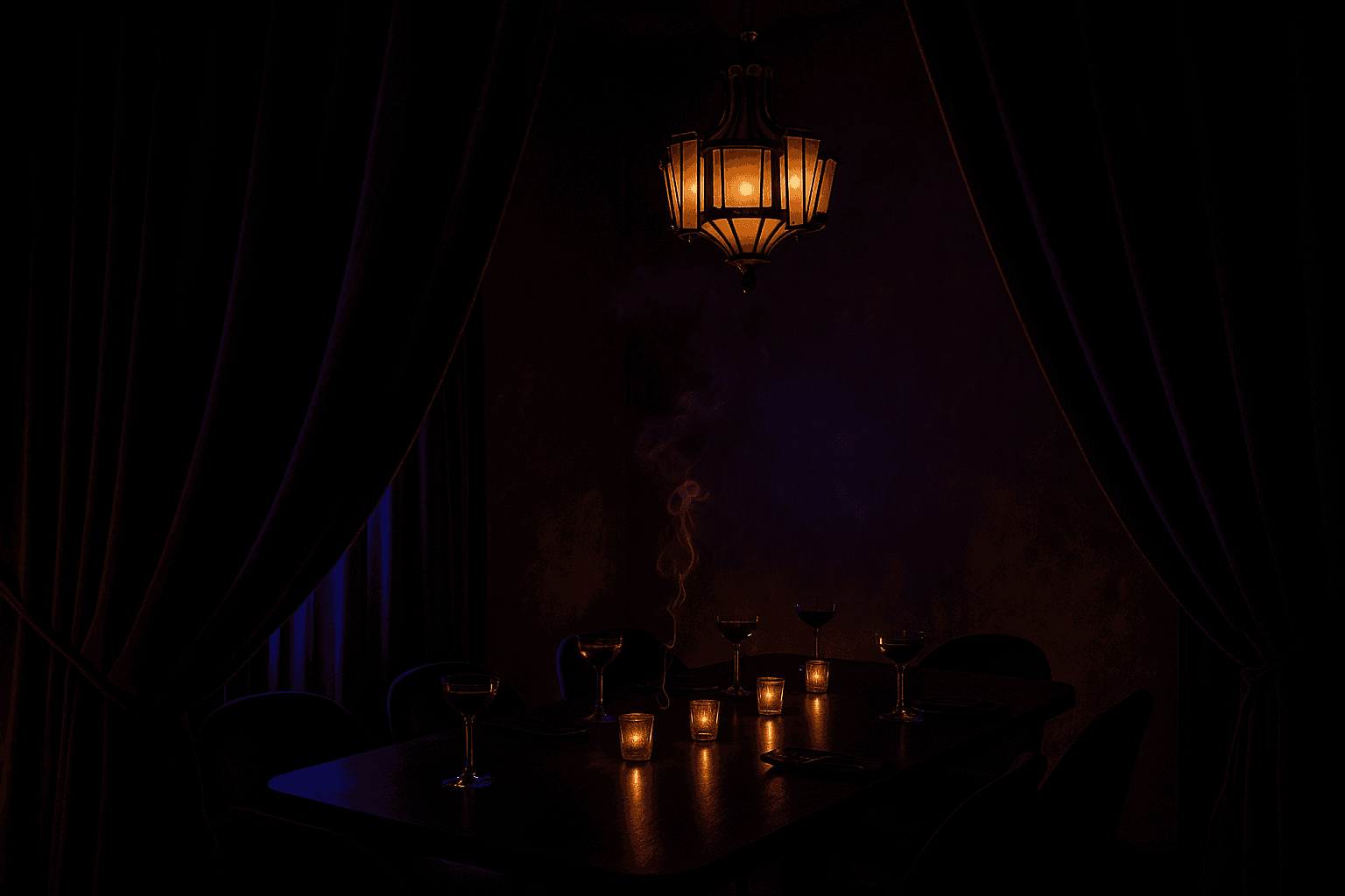The private salon — a candlelit table for sixteen with emerald velvet chairs